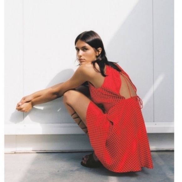 Zara red polka dot satin silk look open back mini flare dress  NWT - Picture 2 of 7